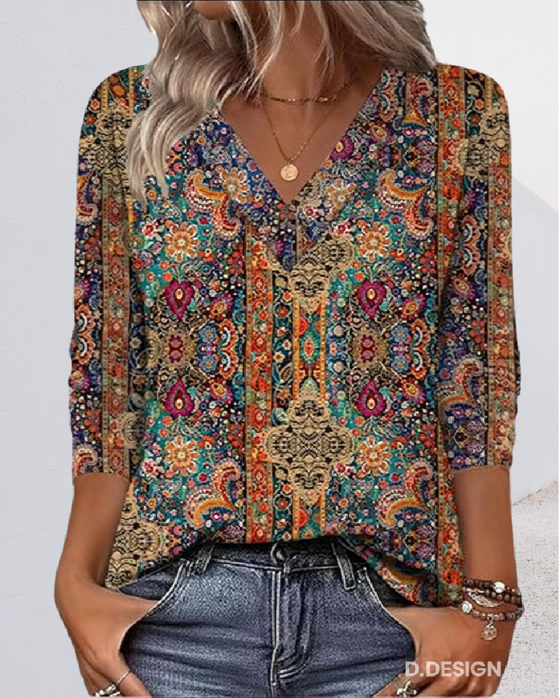 CORALINE - Retro Printed V-Neck Blouse